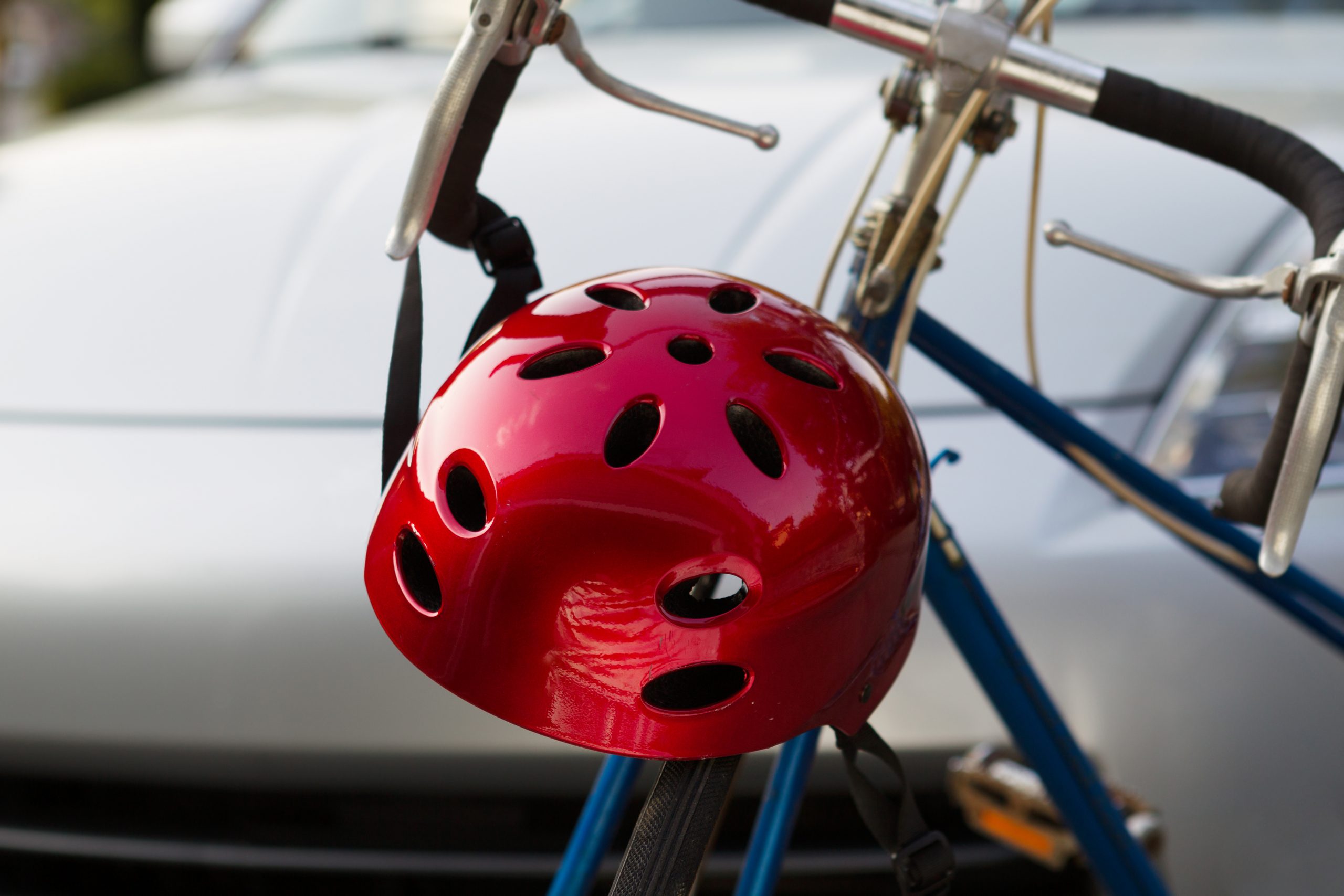 Red bicycle helmet